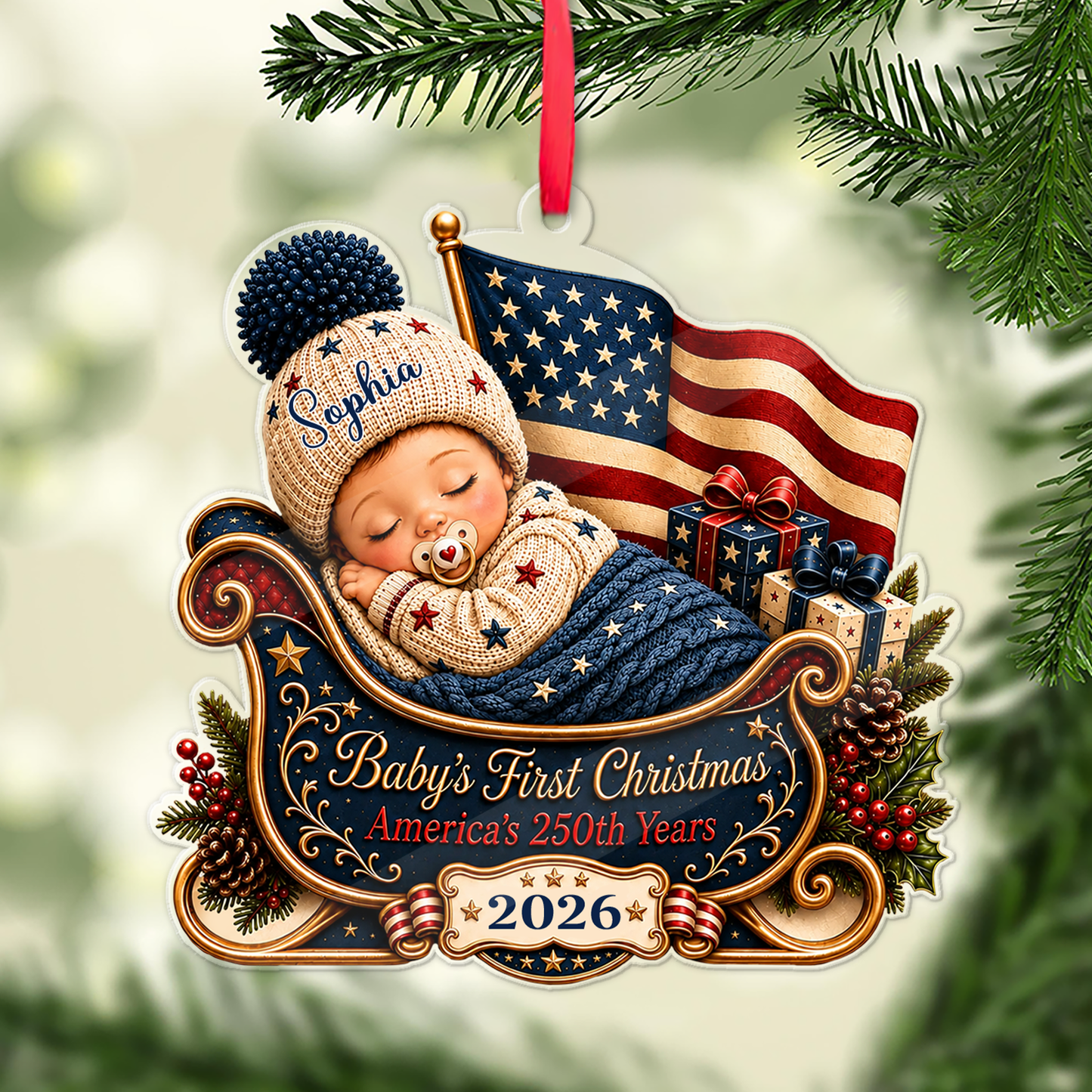 Personalized Baby’s First Christmas 2026 Acrylic Ornament, USA 250 Years Anniversary Newborn Keepsake 686000