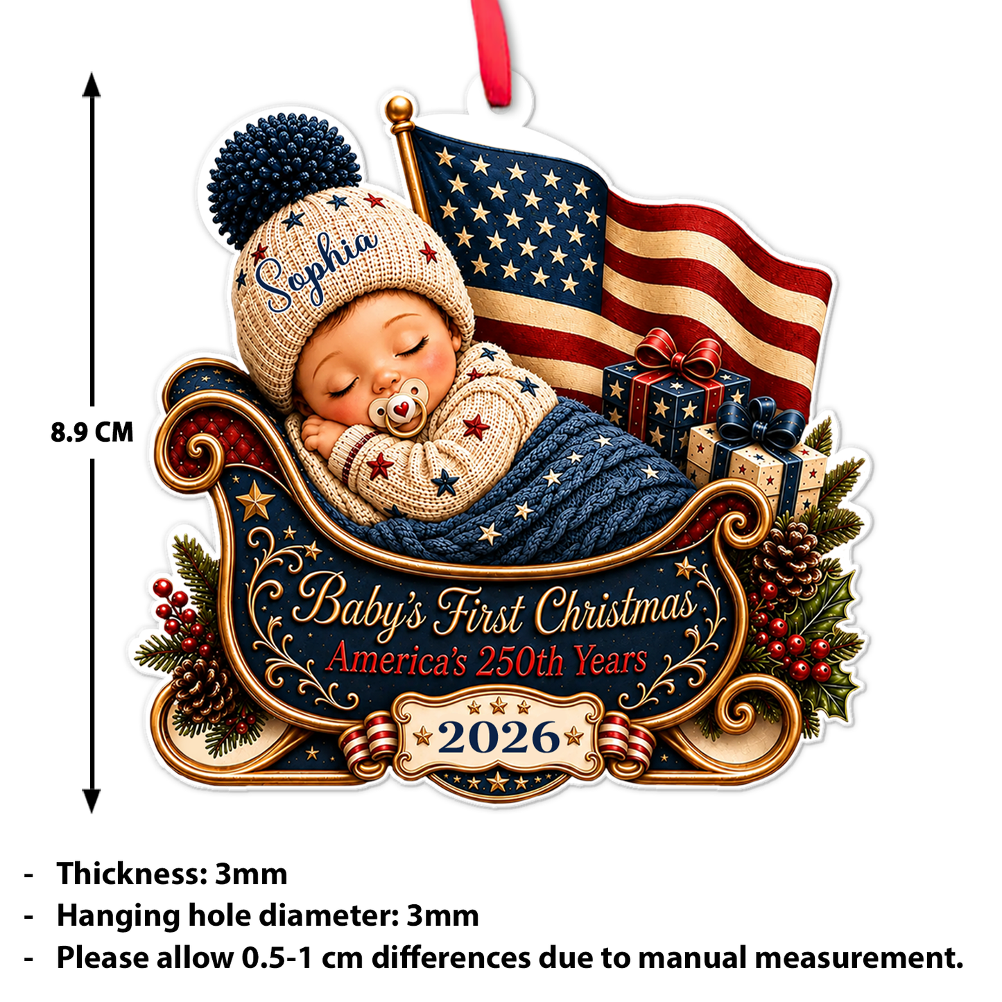 Personalized Baby’s First Christmas 2026 Acrylic Ornament, USA 250 Years Anniversary Newborn Keepsake 686000