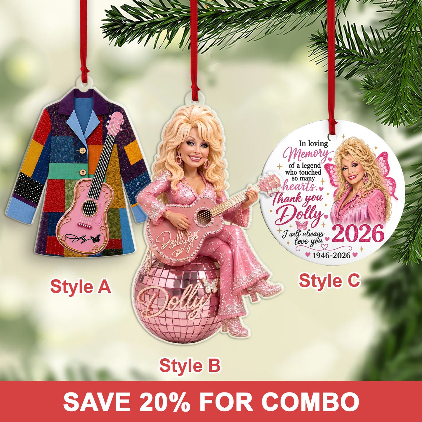 Dolly Parton Memorial Acrylic & Ceramic Ornament Set, Country Music Christmas Ornaments, Dolly Fan Gift 686203