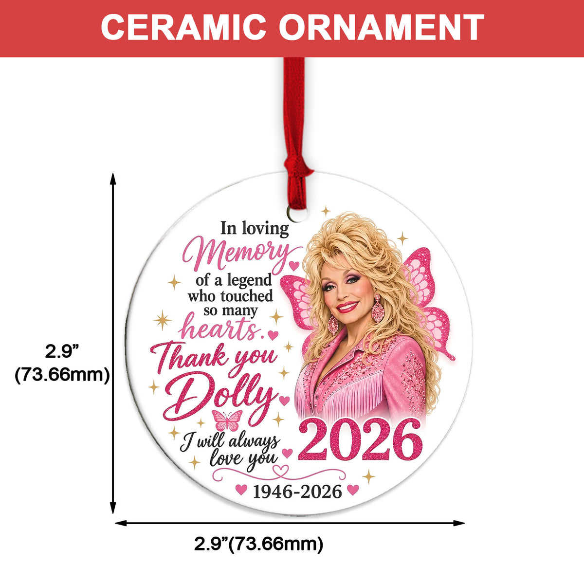 Dolly Parton Memorial Acrylic & Ceramic Ornament Set, Country Music Christmas Ornaments, Dolly Fan Gift 686203