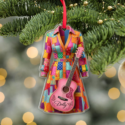 Dolly Coat of Many Colors Acrylic Ornament, Pink Guitar Christmas Ornament, Dolly Parton Fan Gift 686255