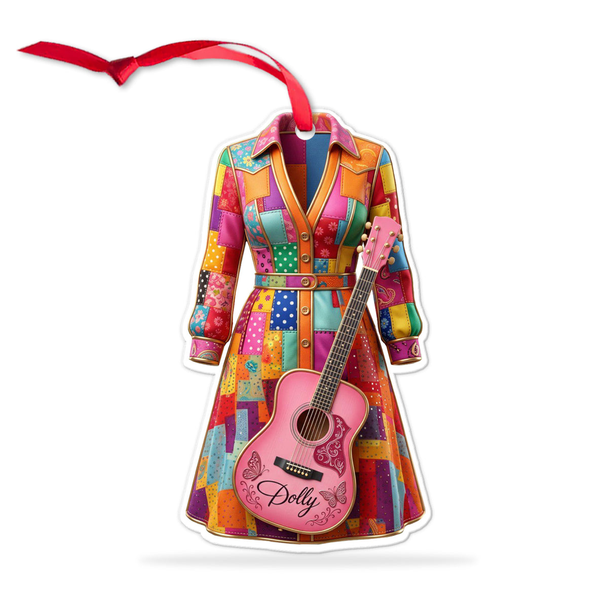 Dolly Coat of Many Colors Acrylic Ornament, Pink Guitar Christmas Ornament, Dolly Parton Fan Gift 686255