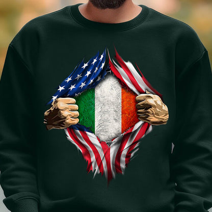 Irish Inside Hands Ripping Flag On Chest Shirt, Half American Half Irish Flag Shirt, St Patrick's Day Shirt 681925