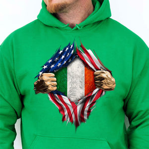 Irish Inside Hands Ripping Flag On Chest Shirt, Half American Half Irish Flag Shirt, St Patrick's Day Shirt 681925