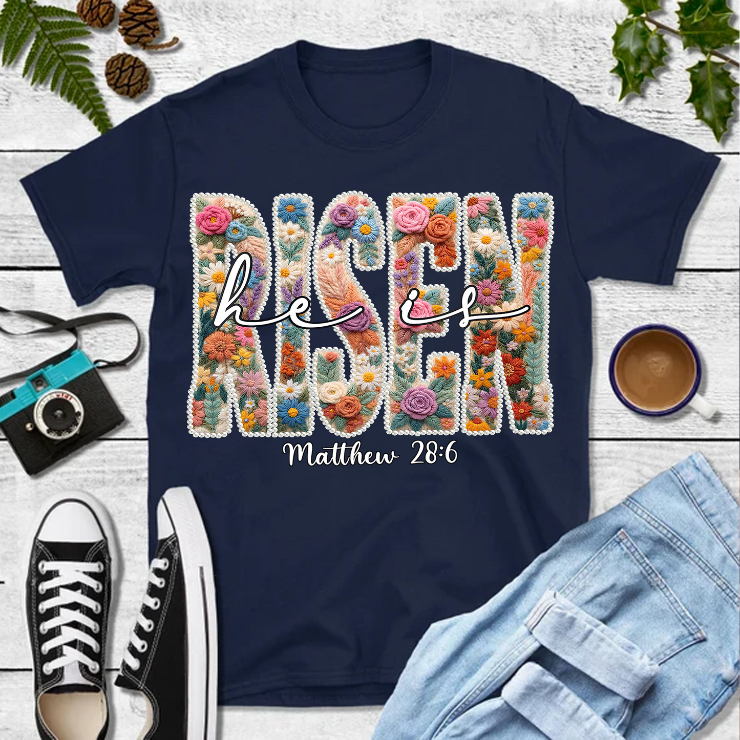 Floral Spring Pearl He Is Risen Dark Shirt | Easter Day T-Shirt 684439