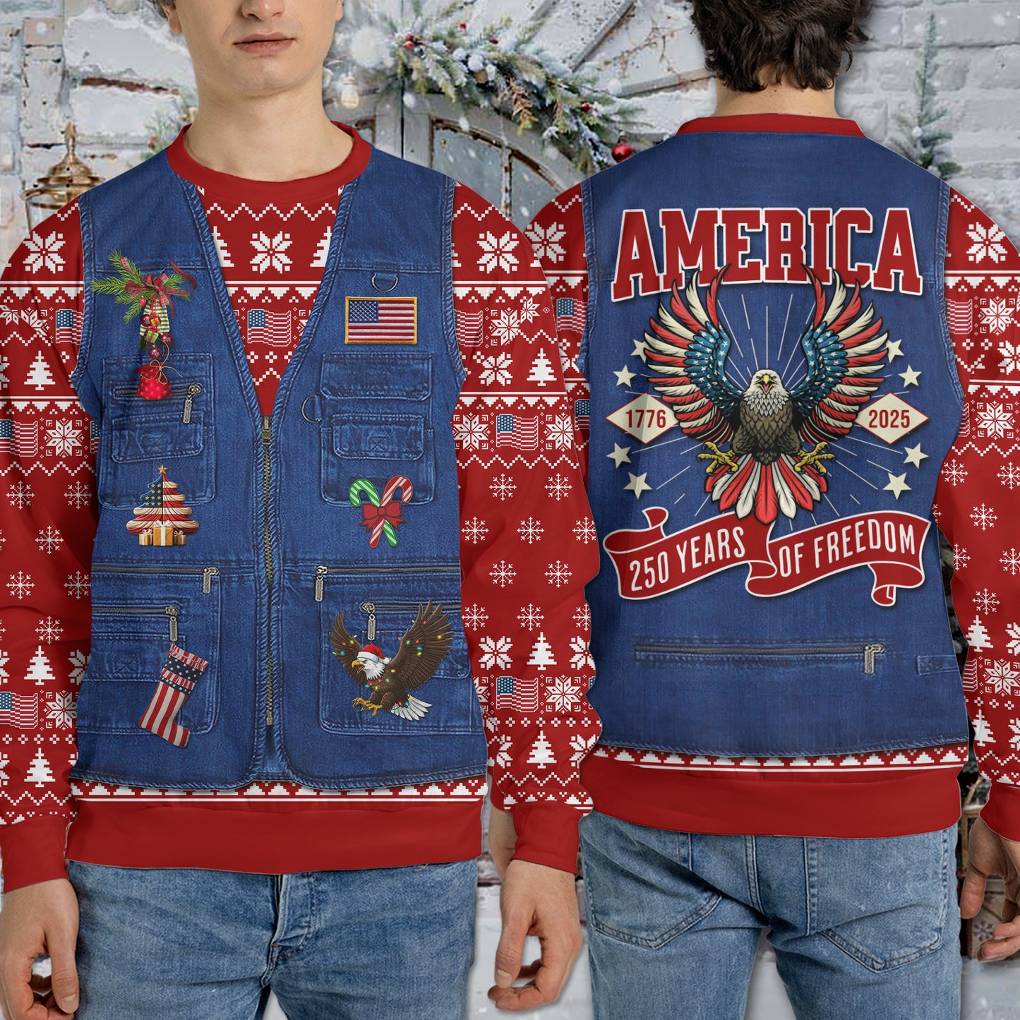 250 Years Of Freedom Ugly Sweater, 250 Years Of United States Anniversary Christmas All-Over-Printed Sweatshirt 683603