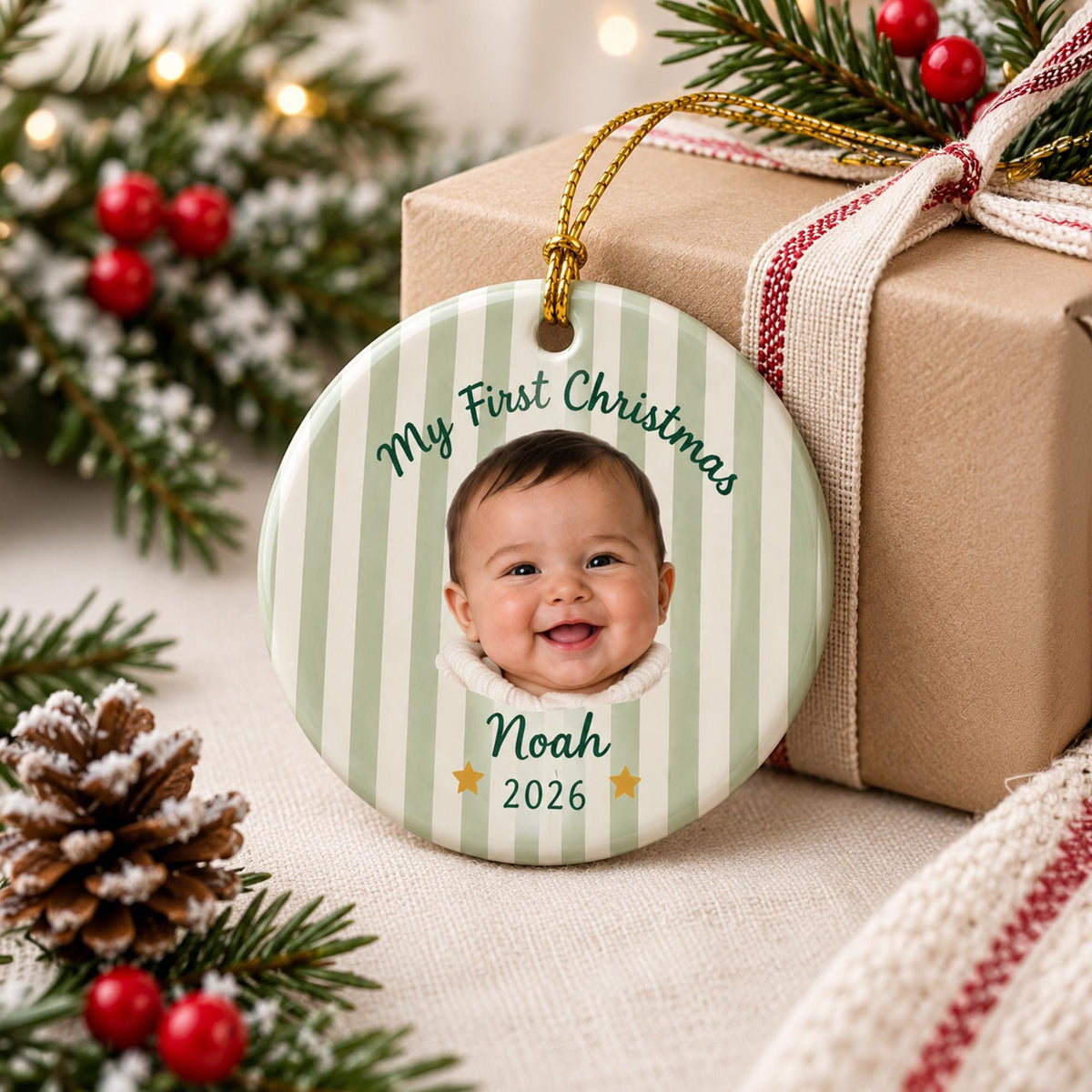 Custom Photo First Christmas Ceramic Ornament, Personalized Christmas Keepsake Gift For Family 686377 WFD