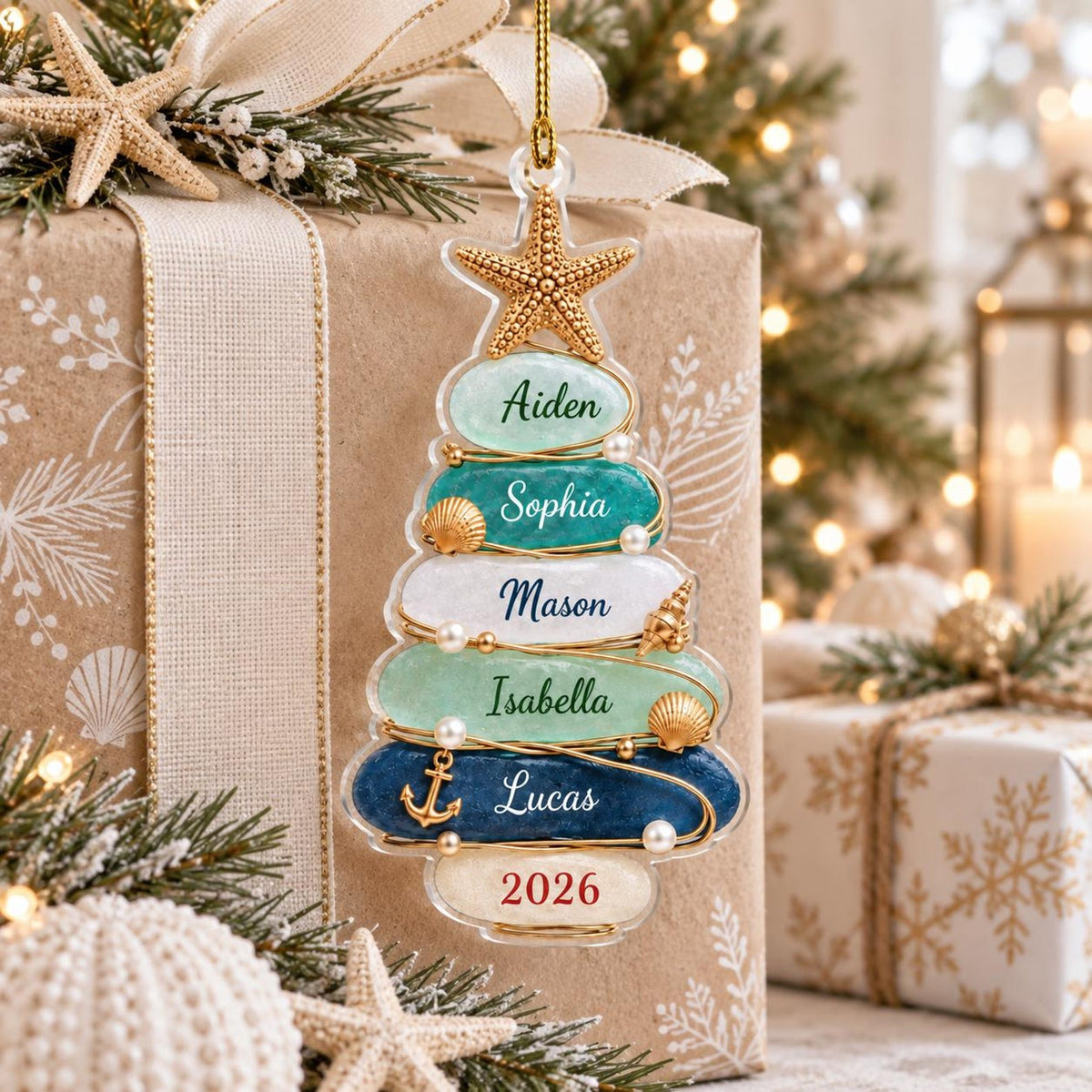 Personalized Sea Glass Tree Acrylic Ornament, Custom Name & Number Christmas Gift For Family 686442 WFD