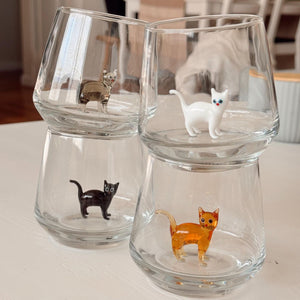 Cat Figurine Glass Cup | Murano Wine Glass | Stemless Wine Glass | Cat Lover Gift | 3D Cat Cup 683938