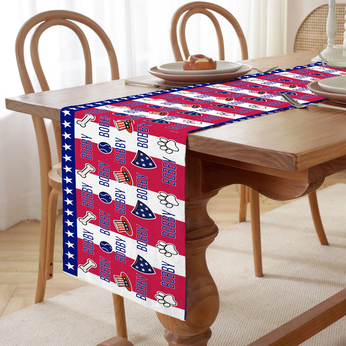 Personalized Dog Name Decor With Paw Print Table Runner | Patriotic 4th Of July Table Runner For Kitchen 682367