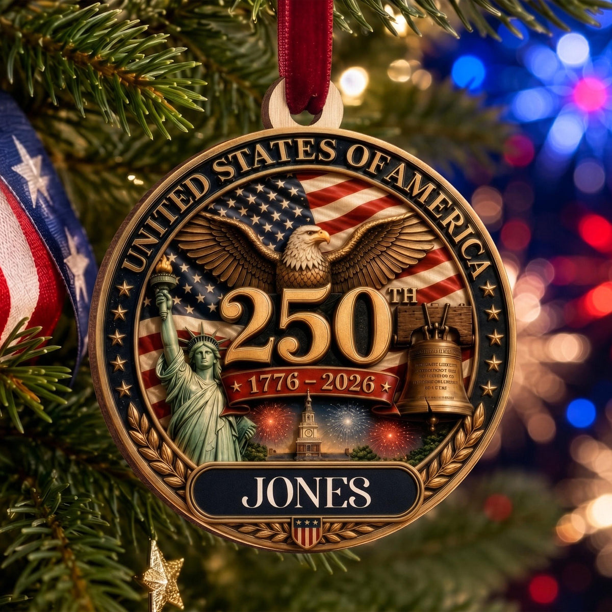 Personalized America 250th Anniversary Wood Ornament | USA Patriotic Liberty Bell Christmas Decoration 686483 WFD