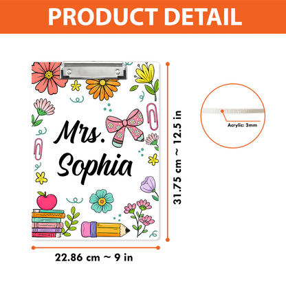 Custom Teacher Name Clipboard, Personalized Back To School Floral Clipboard, Teacher Appreciation Gift 685524