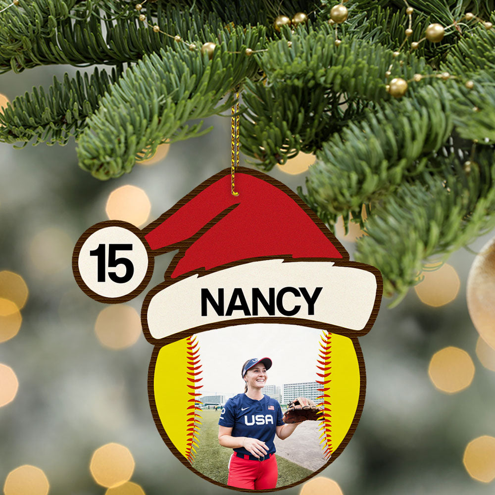 Softball Santa Hat Wooden Ornament | Wooden 1 Layer Ornament for Christmas 682724