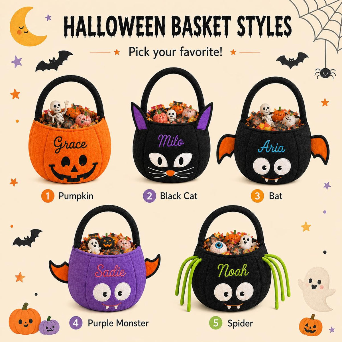 Personalized Halloween Trick Or Treat Candy Bucket, Custom Embroidered Plush Pumpkin Basket 686280 WFD