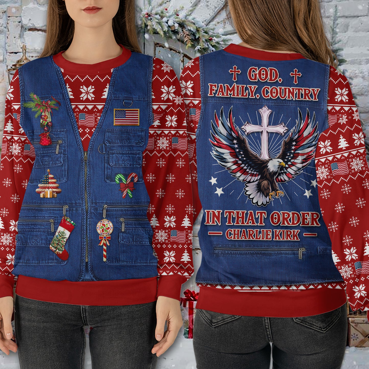 God Family Country Charlie Kirk Ugly Sweater | Justice Charlie Kirk All-Over-Printed Sweatshirt | Pray For Charlie Kirk Christmas Shirt 683617