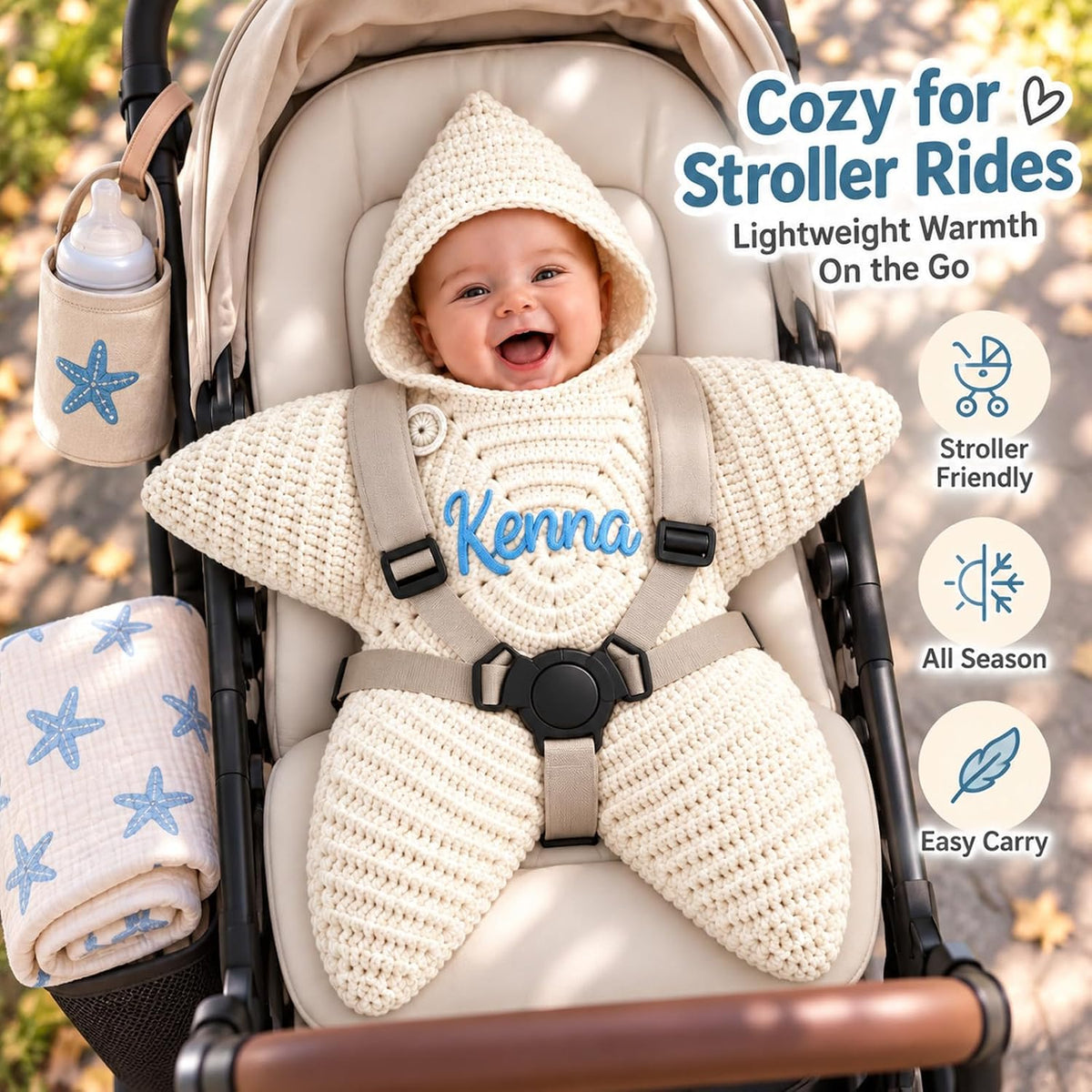 Custom Name Starfish Baby Bodysuit, Hand Crochet Hooded Swaddle Sleep Sack, Personalized Gift For Newborn 686554 WFD