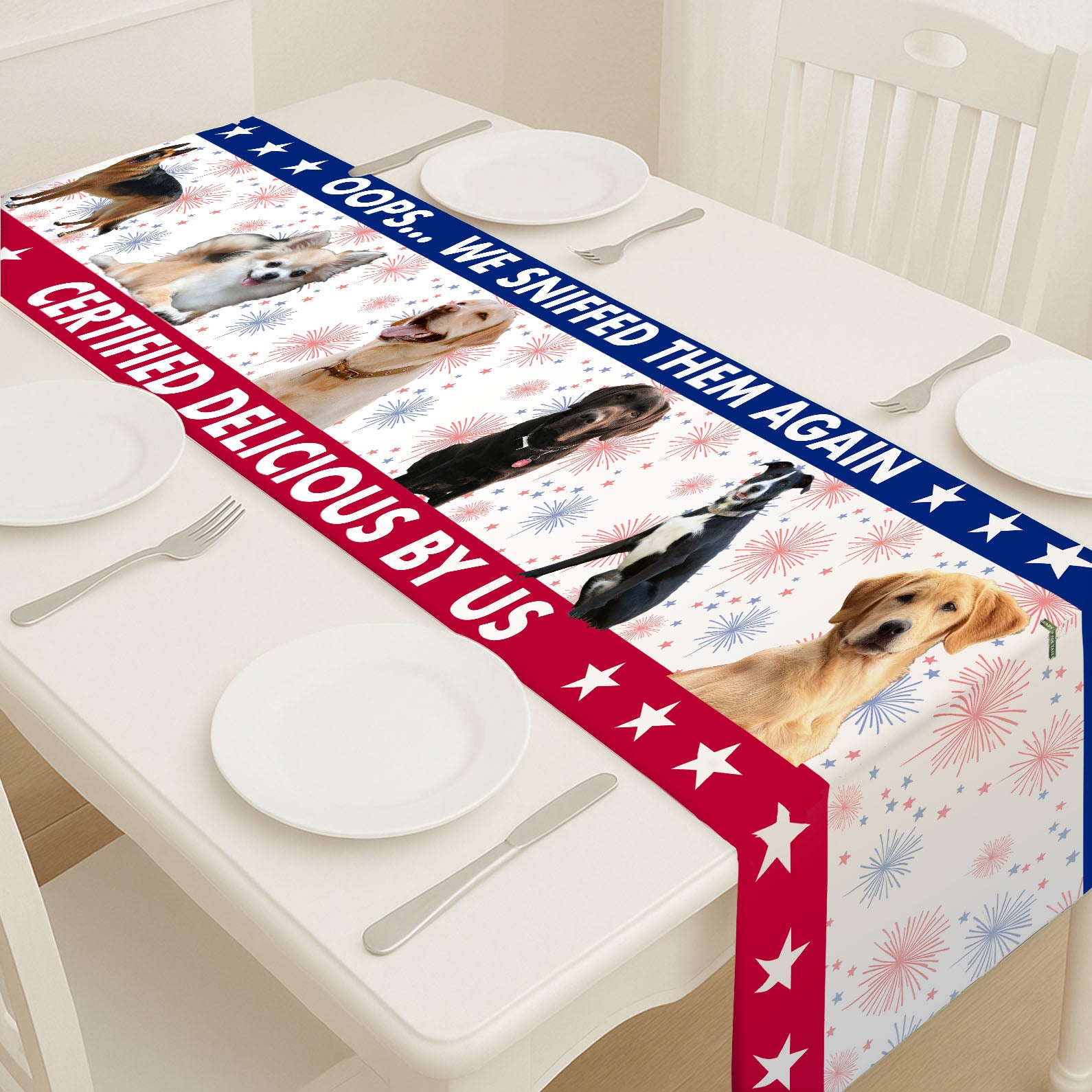 Personalized Oops We Sniffed Them Again Table Runner | Custom Dog Photo | Patriotic 4th Of July Table Runner For Kitchen 682365