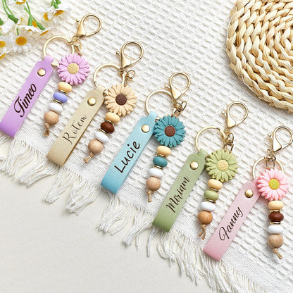 Daisy Beaded Keyring For Girls | Personalized Keychain | Faux Leather Keyring | Custom Name Keychain 684765