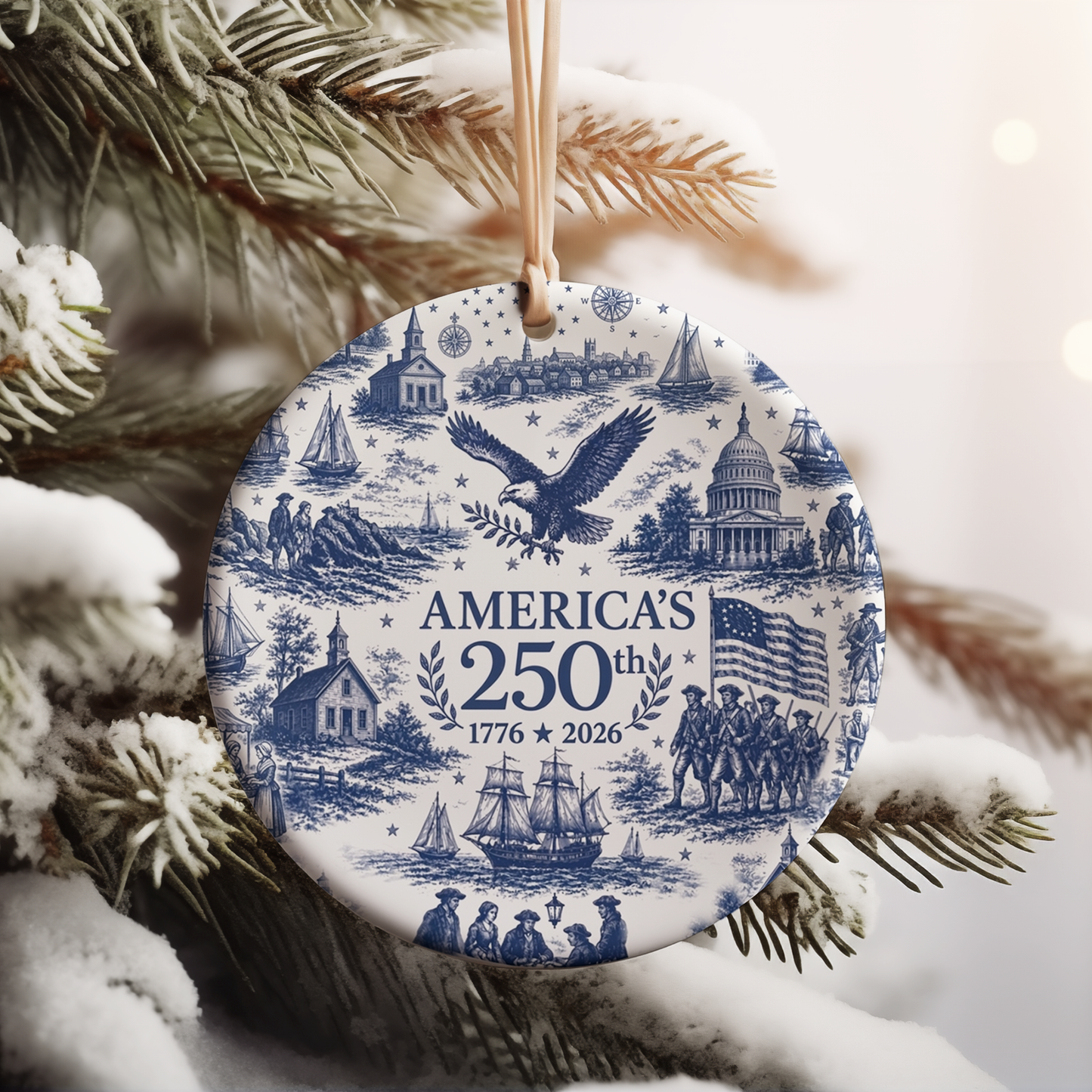 America 250th Anniversary Ceramic Ornament | 1776-2026 Blue Toile Christmas Ornament | USA Heritage Gift 685753