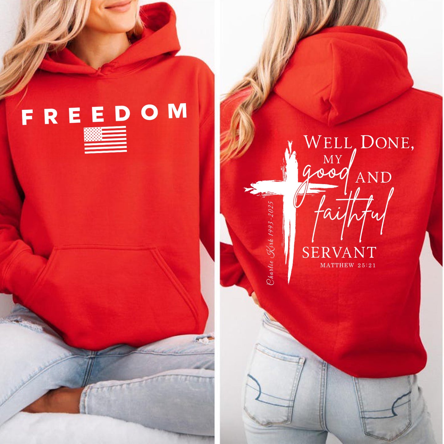 Red Charlie Kirk FREEDOM Shirt | Christian Faith Good Red Shirt | We Wear Red Charlie Kirk Birthday October 14 | Red Front & Back Shirt 683079