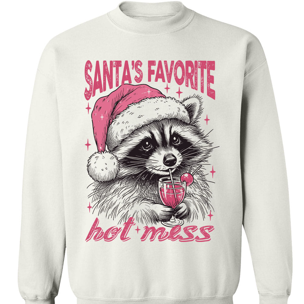 Santa's Favorite Hot Mess Shirt, Funny Christmas Raccoon Sweater, Trendy Pink Christmas Sweatshirt T1640