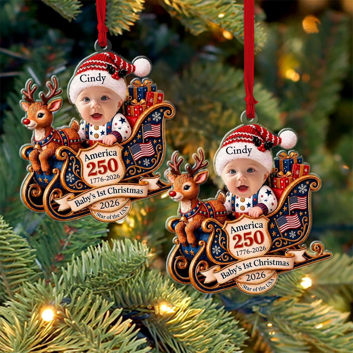 Personalized Baby's First Christmas Acrylic Ornament 2026, Custom Name Baby Sleigh Reindeer Tree Hanging Decor, America 250th Semiquincentennial Anniversary Keepsake Gift 686613