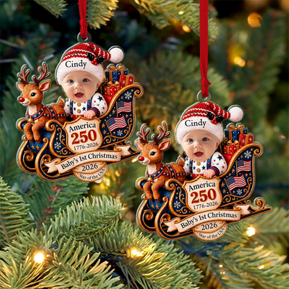 Personalized Baby's First Christmas Acrylic Ornament 2026, Custom Name Baby Sleigh Reindeer Tree Hanging Decor, America 250th Semiquincentennial Anniversary Keepsake Gift 686613