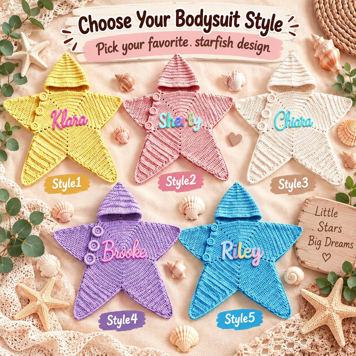 Custom Name Starfish Baby Bodysuit, Hand Crochet Hooded Swaddle Sleep Sack, Personalized Gift For Newborn 686554 WFD