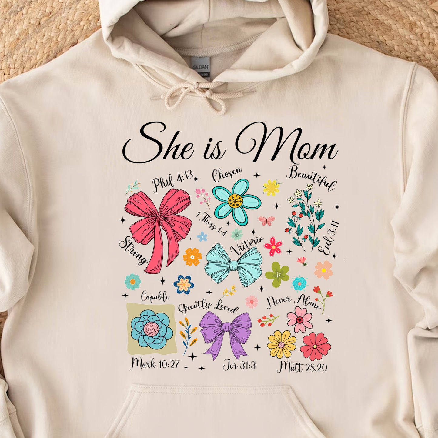 She Is Mom Sweatshirt – Faith-Based Christian Mother's Day Shirt With Bible Verses, Floral And Bow Coquette Design 682152