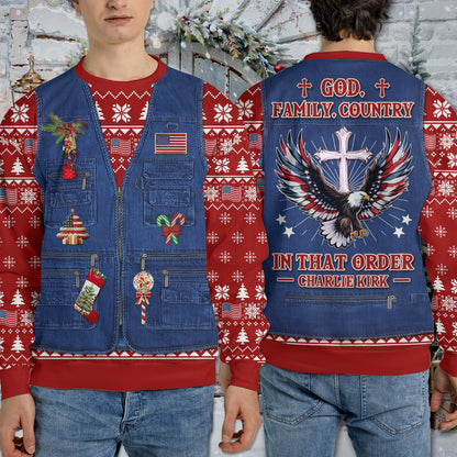God Family Country Charlie Kirk Ugly Sweater | Justice Charlie Kirk All-Over-Printed Sweatshirt | Pray For Charlie Kirk Christmas Shirt 683617