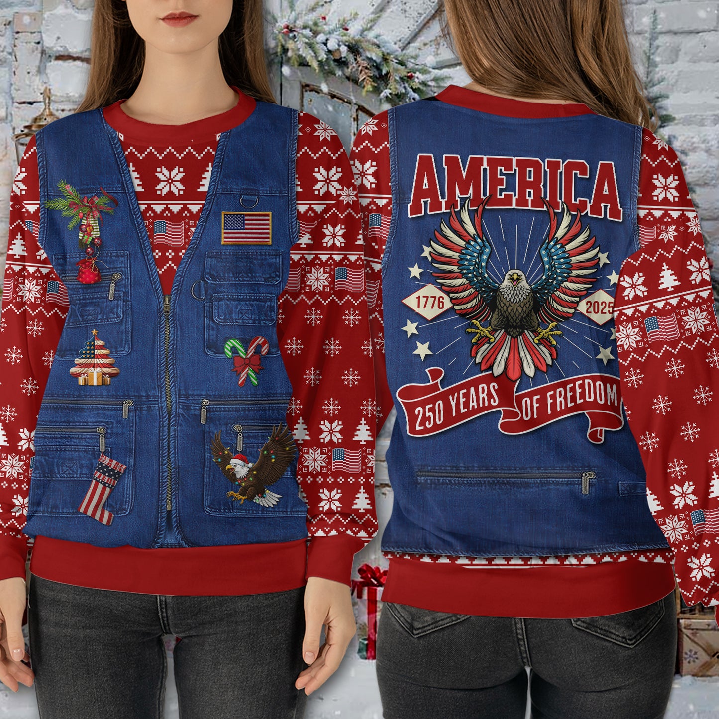 250 Years Of Freedom Ugly Sweater, 250 Years Of United States Anniversary Christmas All-Over-Printed Sweatshirt 683603