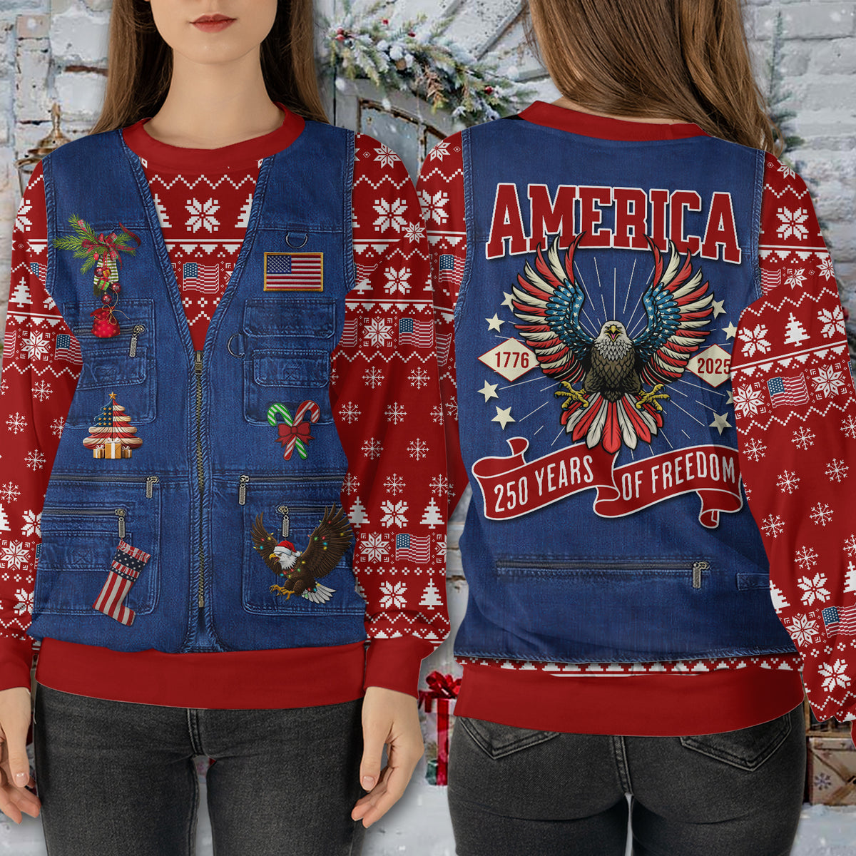 250 Years Of Freedom Ugly Sweater, 250 Years Of United States Anniversary Christmas All-Over-Printed Sweatshirt 683603