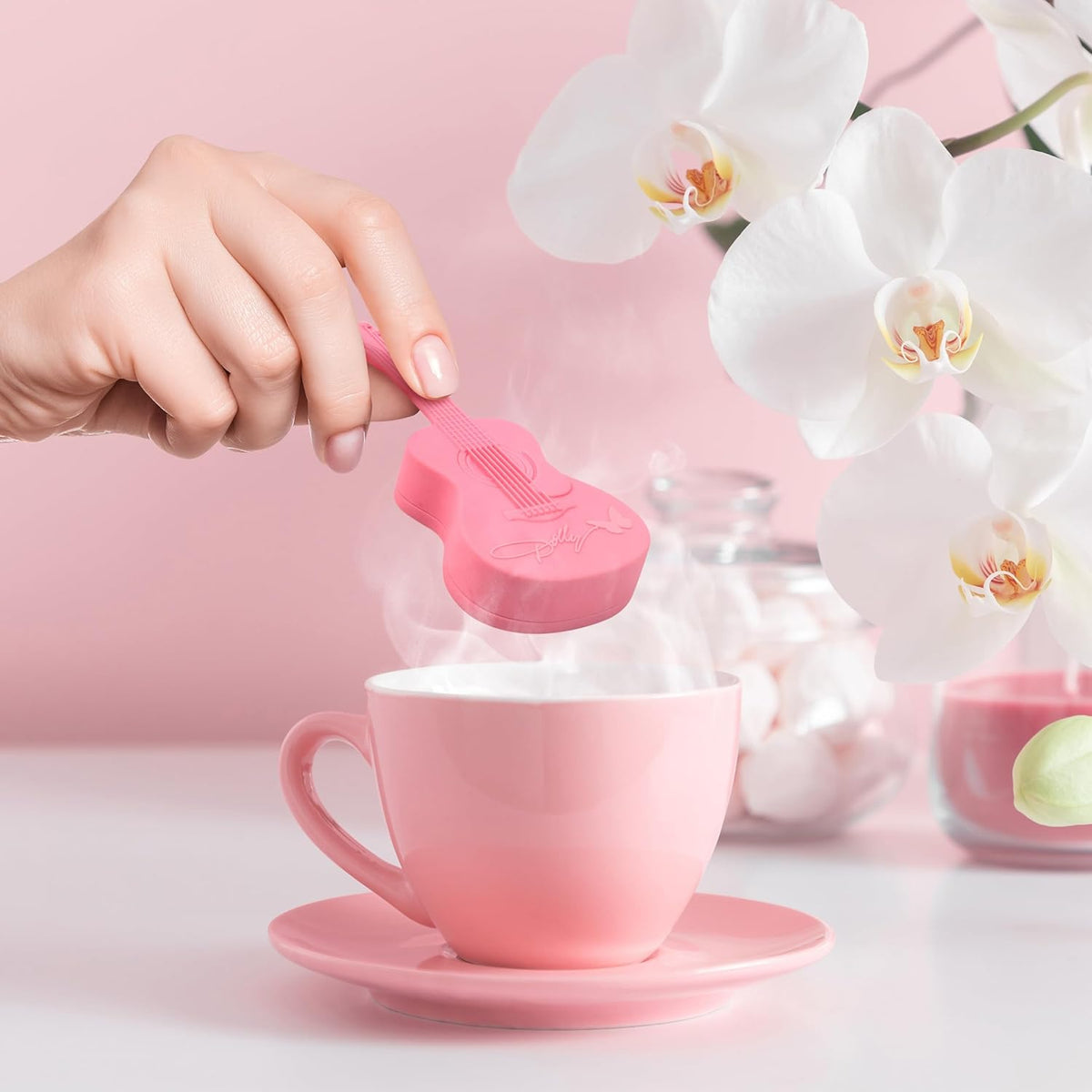 Pink Guitar Tea Infuser, Bpa-Free Silicone Loose Leaf Steeping Tool with Signature Dolly Logo