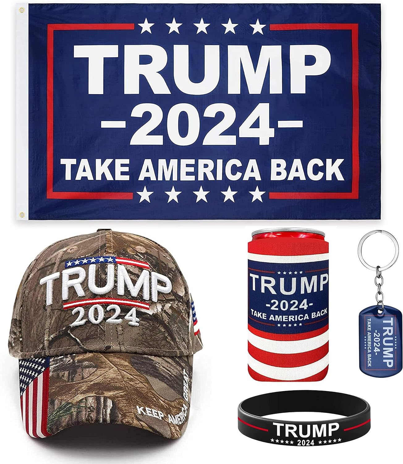 Unique America Trump 2024 Supporter Kit | Trump 2024 Flag Hat Keychain Beer Holder Bracelet