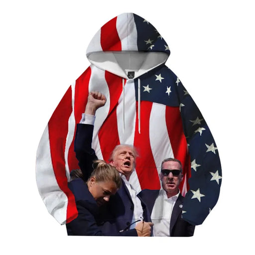God Supporter Trump Picture Hoodie 3D American Flag Trump Speech Shooting Fist up Photo Top Clothing for Men and Women Trump Fight 2024