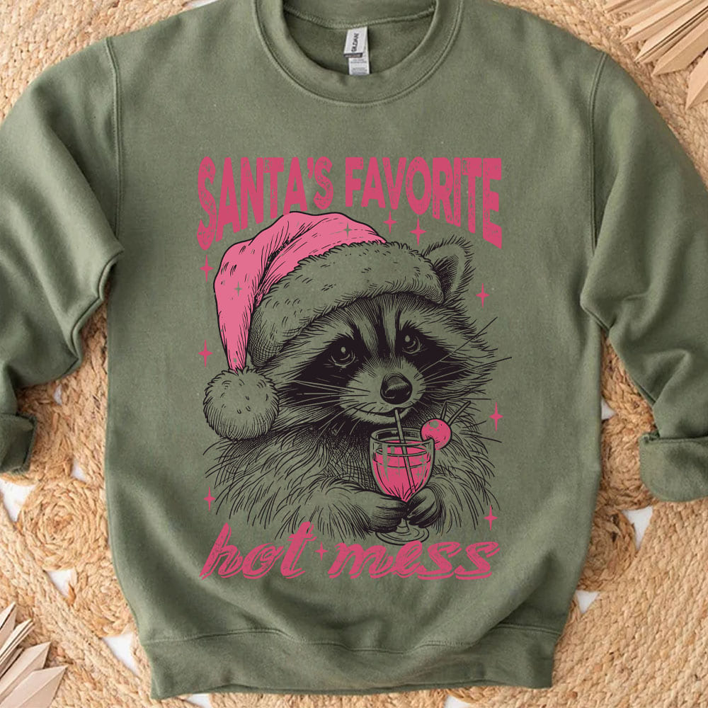 Santa's Favorite Hot Mess Shirt, Funny Christmas Raccoon Sweater, Trendy Pink Christmas Sweatshirt T1640