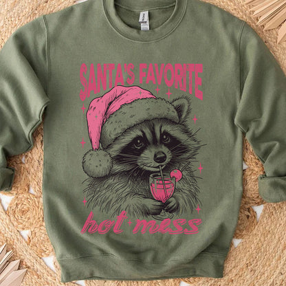 Santa's Favorite Hot Mess Shirt, Funny Christmas Raccoon Sweater, Trendy Pink Christmas Sweatshirt T1640