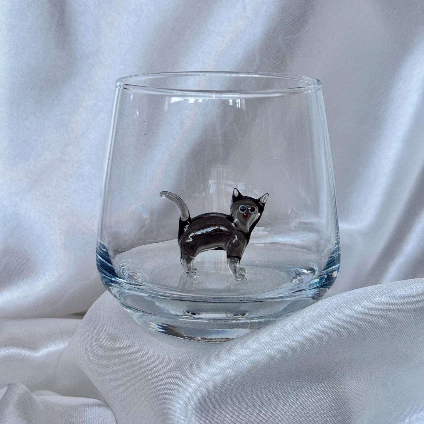 Cat Figurine Glass Cup | Murano Wine Glass | Stemless Wine Glass | Cat Lover Gift | 3D Cat Cup 683938