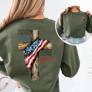 Stand For The Flag Kneel For The Cross Christian Shirt | Patriotic USA Flag Cross Tee | Faith Based 4th of July Pocket & Back Shirt 683191