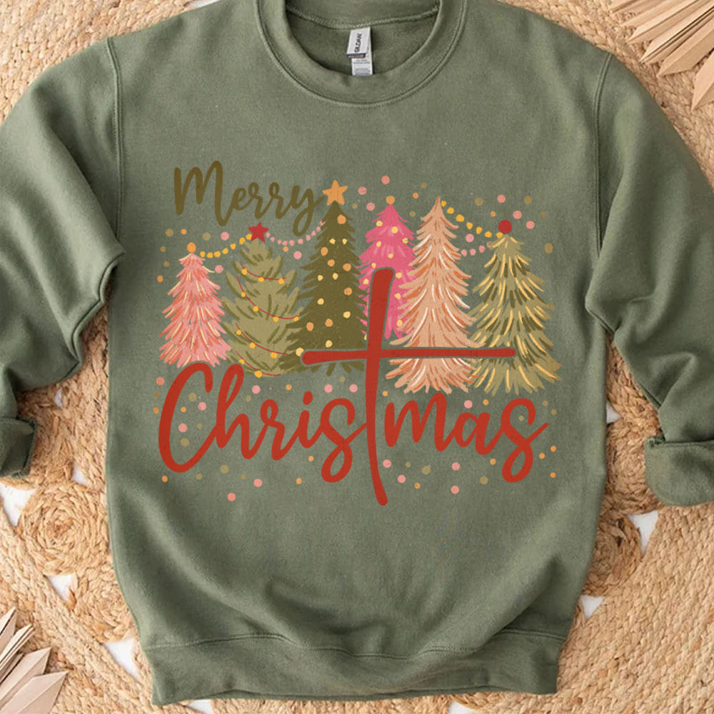 Retro Merry Christmas Shirt, Christmas Cross Sweater, Xmas Tree Holiday Sweatshirt T1650