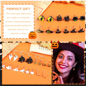 26Pairs Halloween Thanksgiving Fall Christmas Theme Earrings Set Holiday Earrings Halloween Stud Earrings Set Spider Pumpkin Ghost Bat Web Skull Drop Earring Holiday Jewelry Gifts