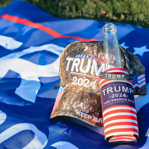 Unique America Trump 2024 Supporter Kit | Trump 2024 Flag Hat Keychain Beer Holder Bracelet