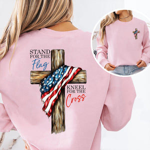 Stand For The Flag Kneel For The Cross Christian Shirt | Patriotic USA Flag Cross Tee | Faith Based 4th of July Pocket & Back Shirt 683191