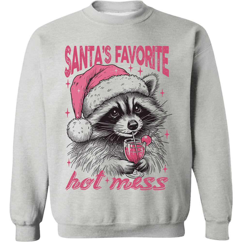 Santa's Favorite Hot Mess Shirt, Funny Christmas Raccoon Sweater, Trendy Pink Christmas Sweatshirt T1640