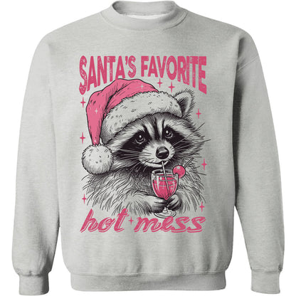 Santa's Favorite Hot Mess Shirt, Funny Christmas Raccoon Sweater, Trendy Pink Christmas Sweatshirt T1640