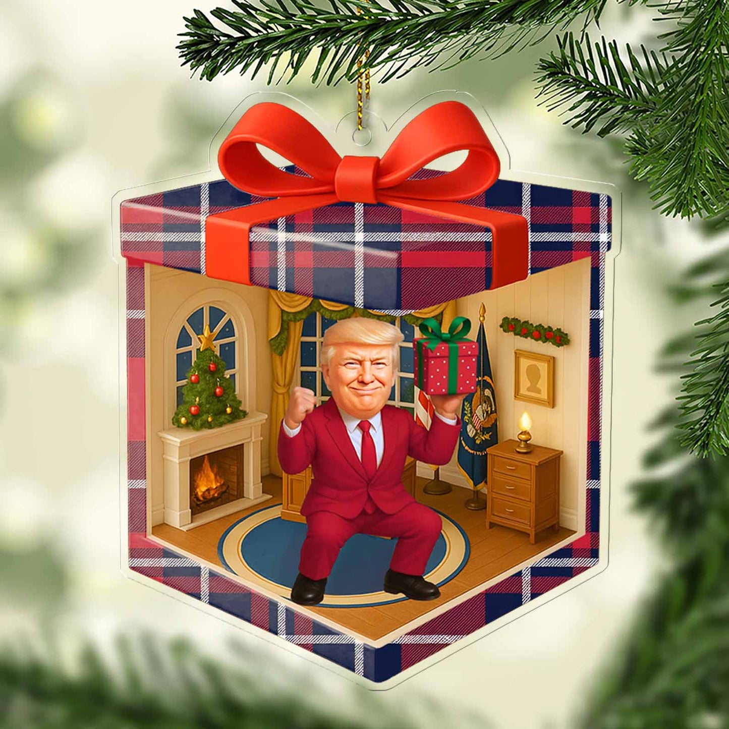 Custom Trump Isometric Gift Box 2D Acrylic Ornament | White House MAGA Patriotic Christmas Ornament | MAGA Funny Gift 683507 - GOP