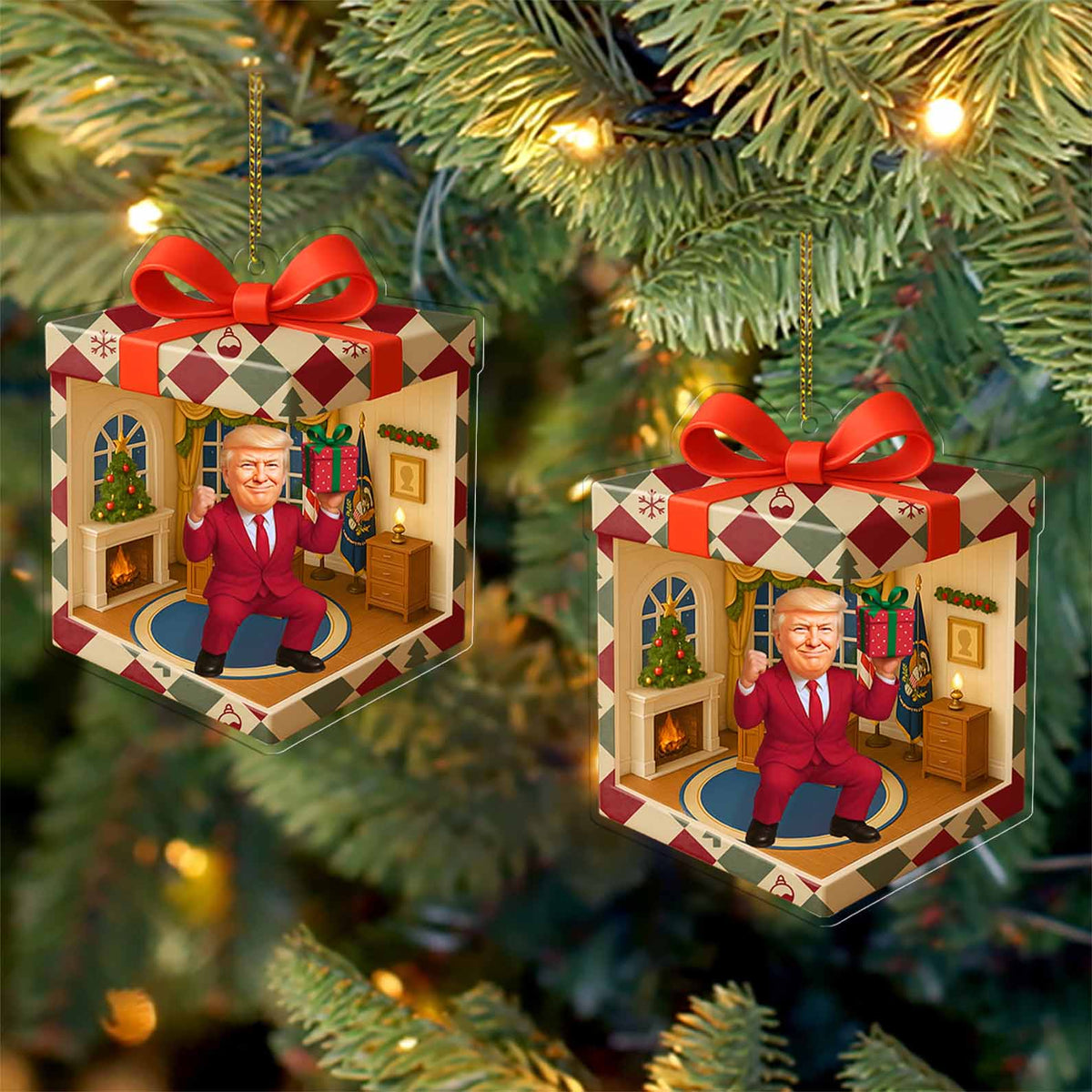 Custom Trump Isometric Gift Box 2D Acrylic Ornament | White House MAGA Patriotic Christmas Ornament | MAGA Funny Gift 683507 - GOP