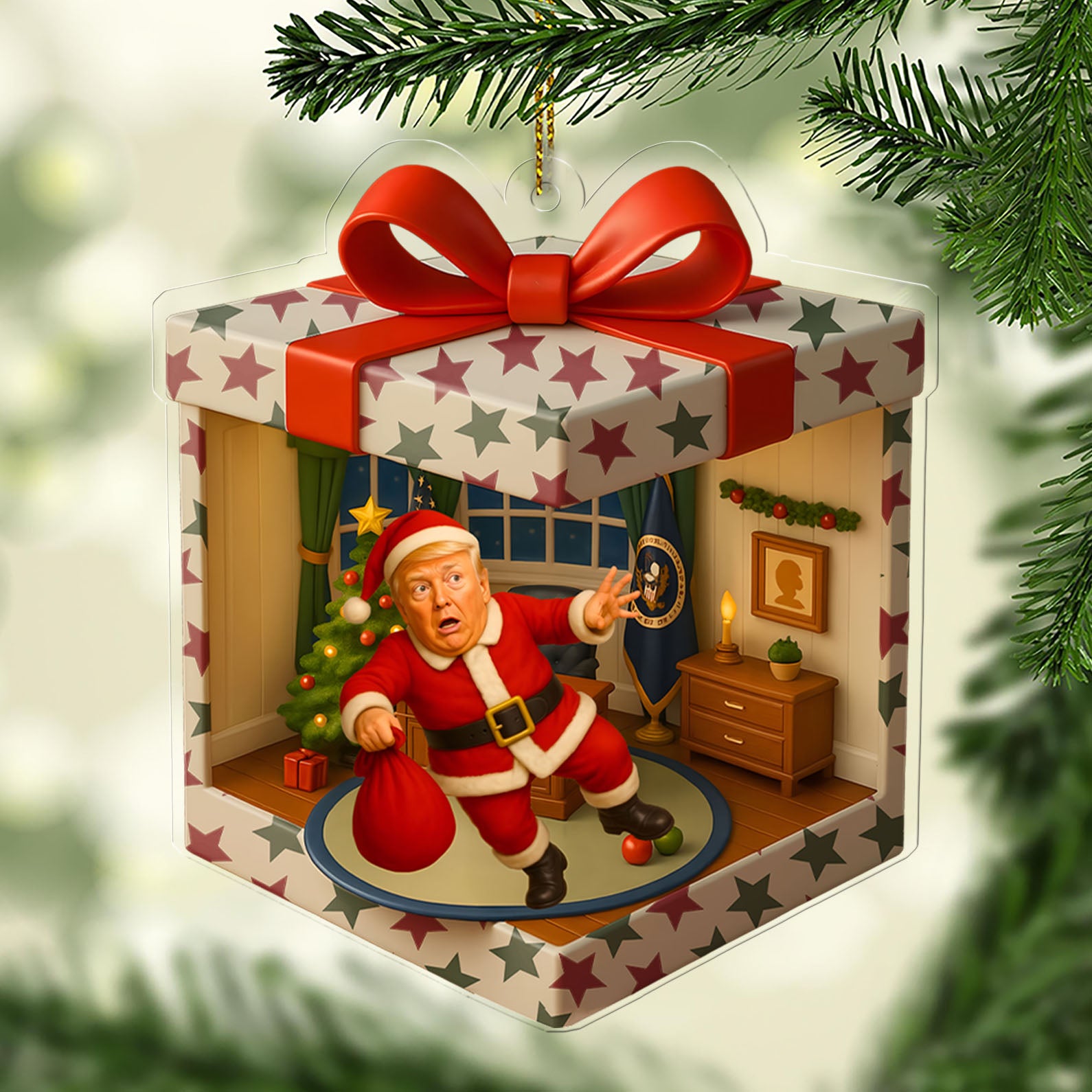 Personalized Funny Trump Falling Isometric Gift Box 2D Acrylic Ornament | MAGA Patriotic Christmas Ornament 683494 - GOP