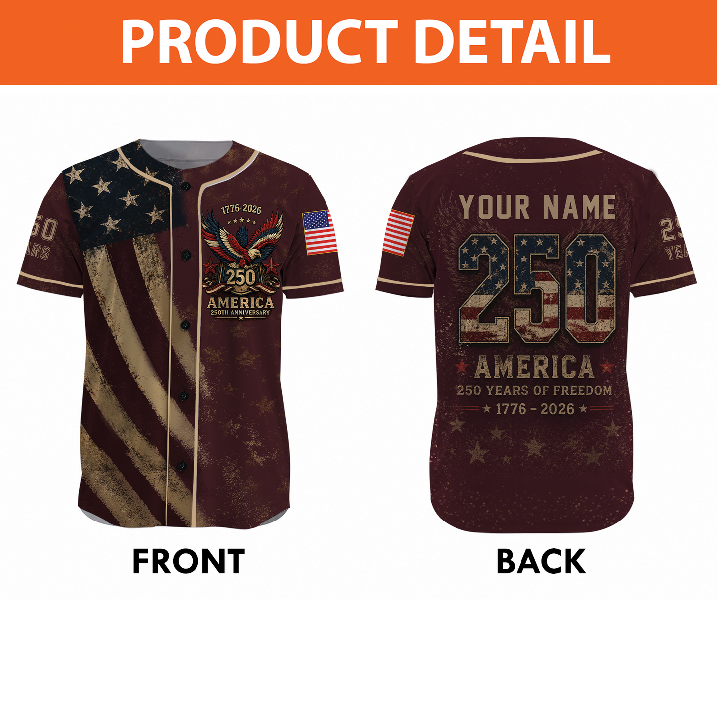 Personalized USA 250th Anniversary Baseball Jersey, 250 Years Of Freedom Tee, Patriotic 4th Of July Gift 685313