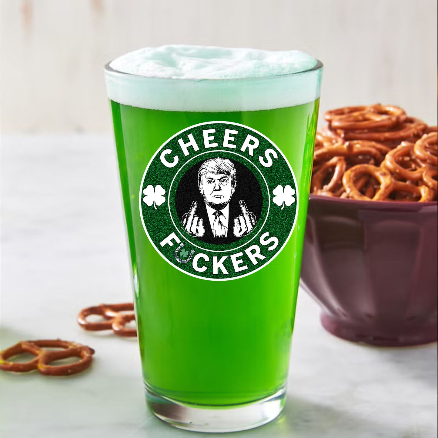 Donald Trump Cheers Fuckers Beer Glass | President Trump Print Whisky Glasses, St Patrick's Day Glass 681897- GOP